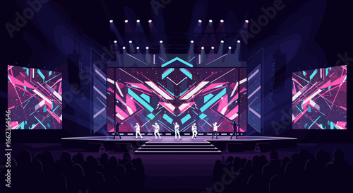 Dynamic dance performance on led stage concert venue digital art nighttime audience view entertainment concept. Vector illustration