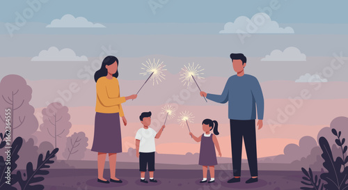 Family celebration with sparklers outdoor park digital illustration evening setting joyful atmosphere. Vector illustration