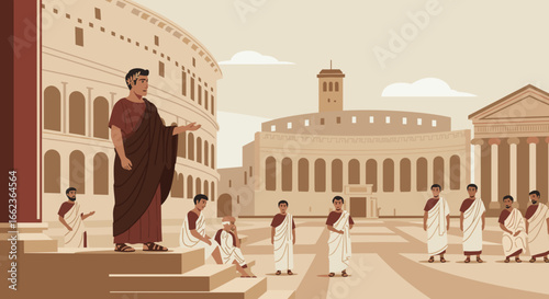 Roman orator addressing citizens ancient rome digital art historical context wide angle public engagement. Vector illustration