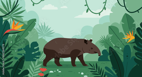 Exploring the life of a tapir in the lush rainforest nature illustration vibrant environment cartoon view. Vector illustration