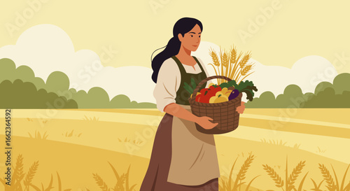 Harvesting fresh produce in a serene field woman with basket nature illustration warm colors agricultural concept. Vector illustration