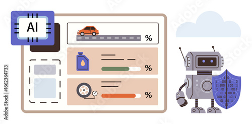 Robot with shield and AI processor reviewing car performance metrics. Dashboard shows stats of oil level, tire condition, and mileage. Ideal for AI, automation, car tech, innovation, safety smart