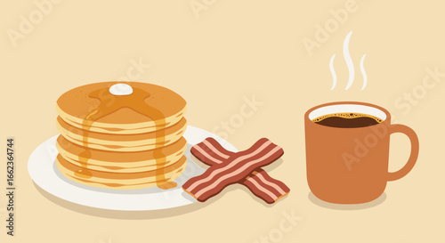 Indulge in delicious pancakes and crispy bacon cozy breakfast setup home kitchen warm atmosphere close-up view. Vector illustration