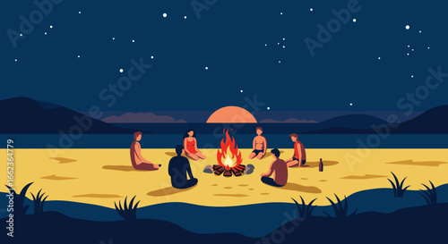 Evening campfire gathering beach sunset illustration tranquil setting wide view togetherness and connection. Vector illustration