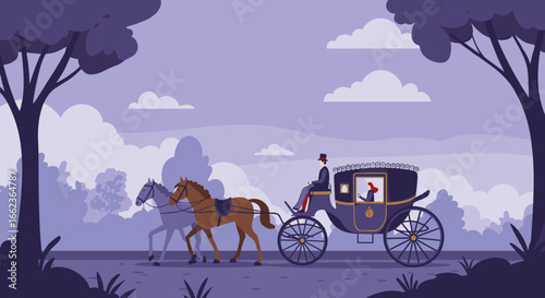 Horse-drawn carriage journey through a serene landscape digital art calm environment artistic viewpoint. Vector illustration