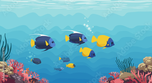 Underwater fish schooling in coral reef ocean environment illustration vibrant aquatic life. Vector illustration