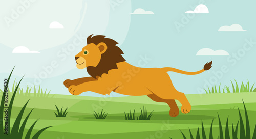 Leaping lion in nature digital artwork vibrant grassland playful environment bright viewpoint. Vector illustration