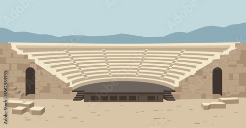 Exploring ancient theaters greece digital illustration historical architecture panoramic view cultural heritage. Vector illustration