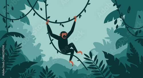 Monkey swinging through lush jungle nature illustration tropical environment vibrant viewpoint. Vector illustration