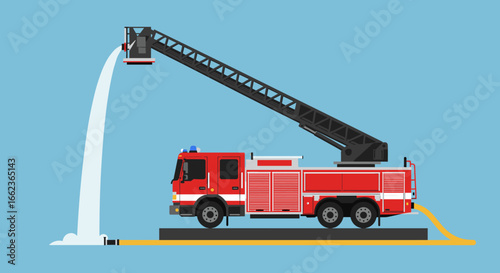 Fire truck action fire emergency response graphic illustration urban environment side view fire safety concept. Vector illustration