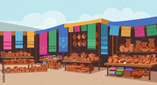 Vibrant market scene showcasing handcrafted pottery artisan alley illustration outdoor setup eye-level perspective. Vector illustration