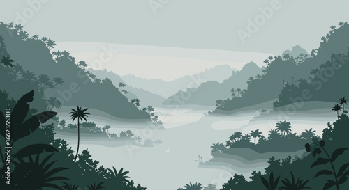 Misty river journey through lush green valleys nature landscape serene environment aerial view tranquil concept. Vector illustration