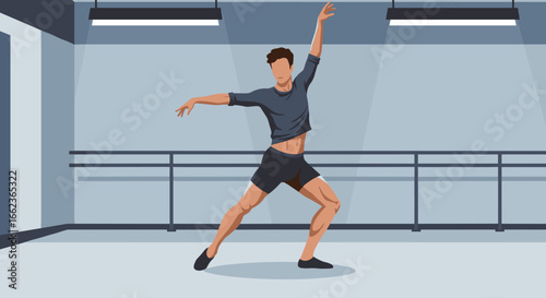Dynamic dance performance by a solo dancer in a studio setting modern style artistic expression. Vector illustration