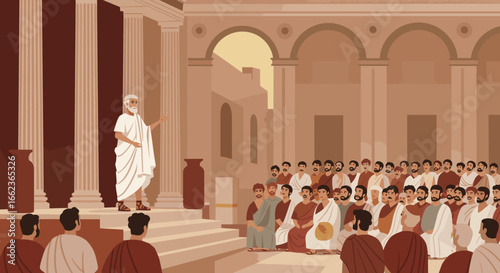 Philosophical debate at ancient forum rome illustrated content historical setting perspective on rhetoric. Vector illustration