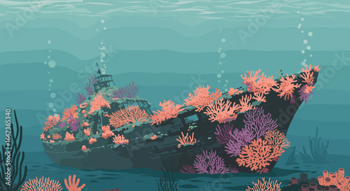 Underwater shipwreck exploration coral reef ecosystem digital illustration ocean depths aerial view marine conservation concept. Vector illustration