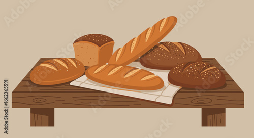 Freshly baked artisan breads on wooden table bakery display warm atmosphere culinary delight. Vector illustration