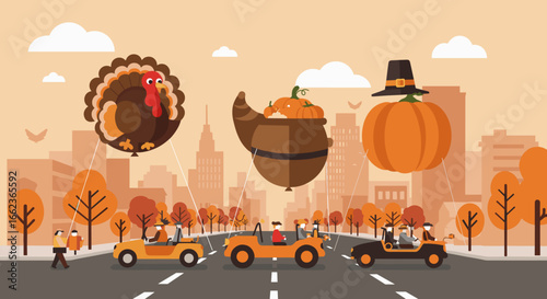 Thanksgiving parade with hot air balloons and classic cars city streets digital illustration autumn vibes aerial view festive celebration. Vector illustration