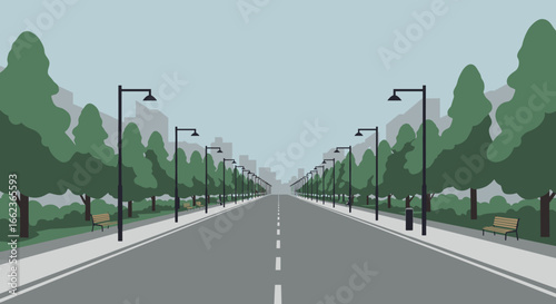 Serene tree-lined boulevard urban cityscape art illustration calm environment aerial view tranquility concept. Vector illustration