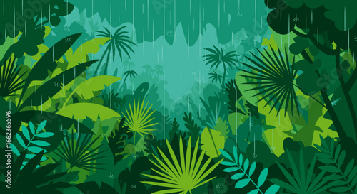 Tropical rainforest adventure lush jungle digital illustration vibrant greenery eye-level view nature exploration. Vector illustration