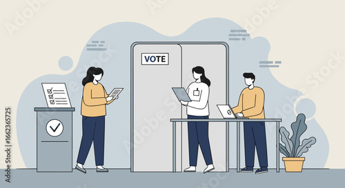 Voting process in a polling station election day digital illustration urban setting close-up view civic engagement. Vector illustration