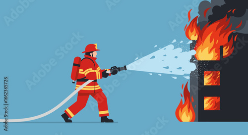 Firefighter battling flames urban building illustration digital art side view emergency response concept. Vector illustration