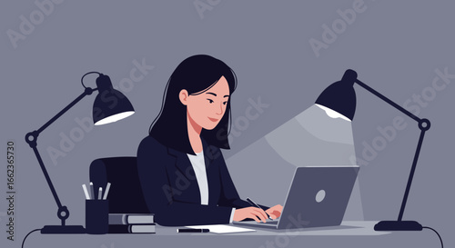 Focused working session home office digital illustration modern workspace close-up view productivity concept. Vector illustration