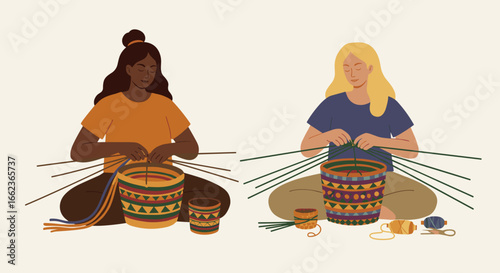 Crafting handwoven baskets artisans creating unique designs workshop illustration indoor close-up cultural heritage. Vector illustration