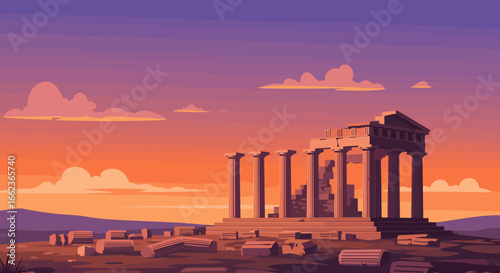Ancient ruins at sunset greece digital art serene landscape wide angle historical significance. Vector illustration