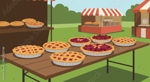Delicious pie showcase county fair food display outdoor setting eye-level view culinary delights. Vector illustration