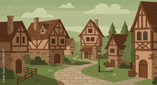 Charming medieval village scene fantasy land illustration tranquil environment aerial view whimsical concept. Vector illustration