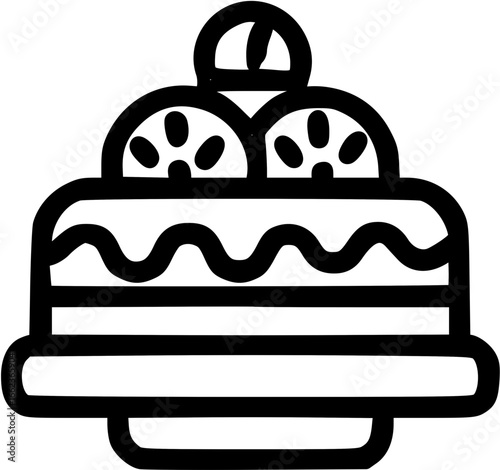 A delectable layered cake adorned with fruit slices and a single round topping.