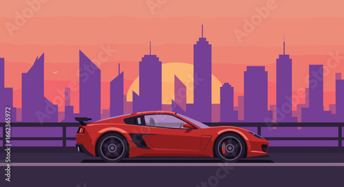 Sporty red car racing at sunset urban cityscape digital artwork vibrant colors side view automotive concept. Vector illustration