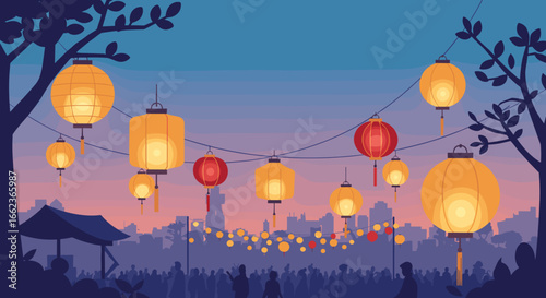 Celebratory lantern festival illuminates city skyline at dusk vibrant cultural gathering enchanting atmosphere. Vector illustration