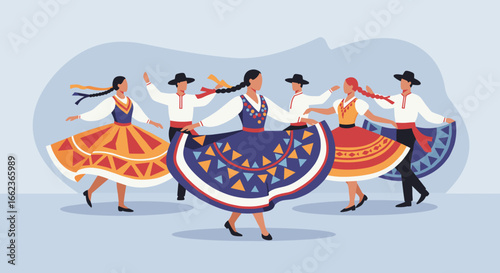 Traditional dance performance cultural festival art colorful attire group activity celebration atmosphere. Vector illustration