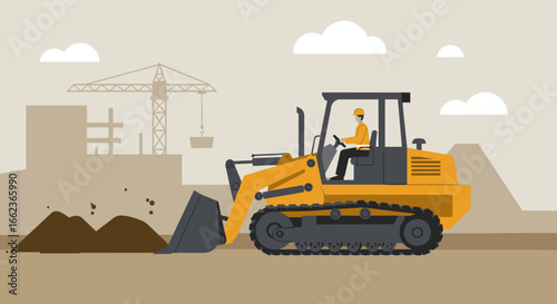 Construction equipment operation building site digital illustration urban environment side view heavy machinery concept. Vector illustration
