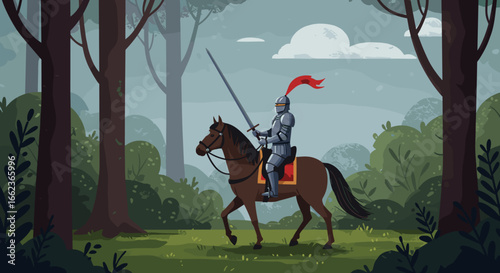 Knight on horseback in enchanted forest digital art fantasy adventure dynamic composition. Vector illustration