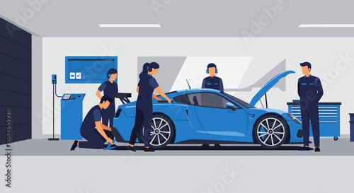 Car maintenance team working on sports vehicle in workshop digital illustration modern automotive environment. Vector illustration
