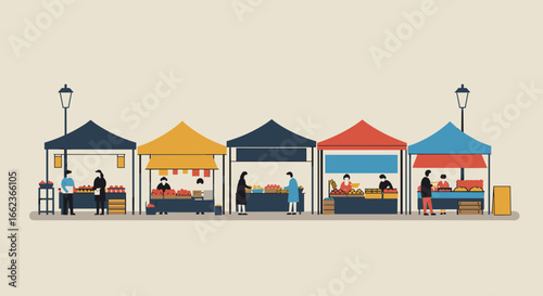 Culinary delights at vibrant street market urban city illustration colorful tents aerial view community culture. Vector illustration
