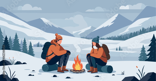 Camping adventure by the fire in a snowy mountain landscape cozy atmosphere illustration. Vector illustration