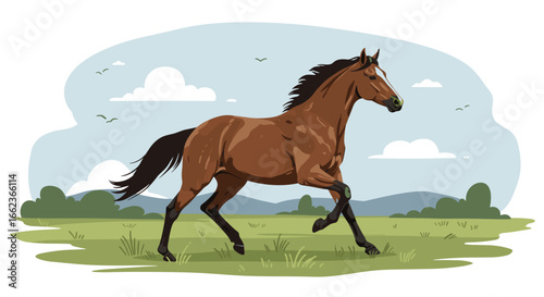Galloping brown horse in lush green field nature illustration scenic landscape vibrant environment. Vector illustration