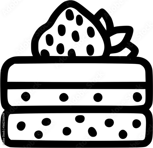 A three-layered cake with a strawberry on top.