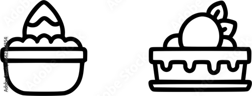 Simple vector illustrations of a manual citrus juicer and a sweet dessert pie with dripping icing and a scoop of cream.