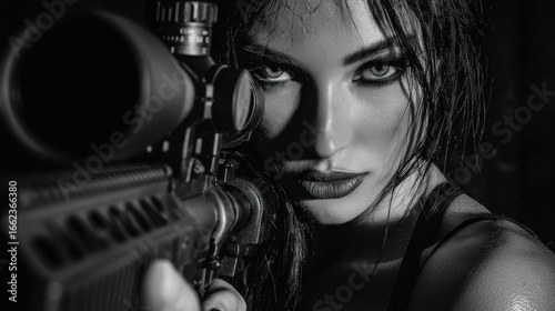 Woman aims rifle. Intense eyes, dark background, black & white, sniper scope