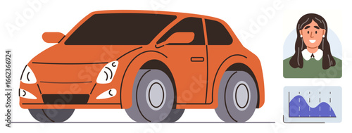 Orange hatchback car, woman s profile image, data analytics chart. Ideal for vehicle technology, data insights, customer profile, transport, car sharing, auto business simple flat metaphor