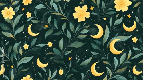Wallpaper Mural Nighttime floral pattern with crescent moons, stars, and muted colors Torontodigital.ca