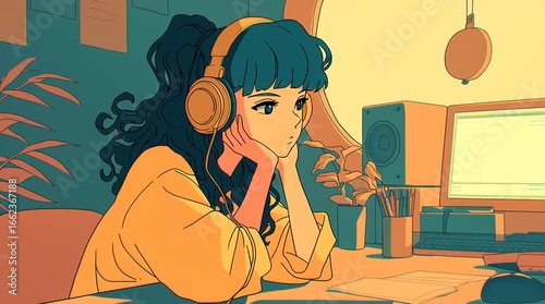 部屋で椅子に座り、ヘッドフォンをして音楽を聴くアニメ風の女性のイラスト。リラックスした雰囲気が伝わり、生活、趣味、カルチャーを象徴するシーンとして多用途に活用できる抽象的なデザイン。