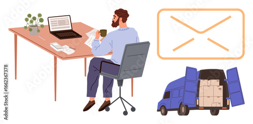 Man sitting at desk with laptop, reviewing papers while holding coffee cup. Nearby, a delivery truck loaded with boxes and an envelope icon symbolize mailing, business, and logistics. Ideal