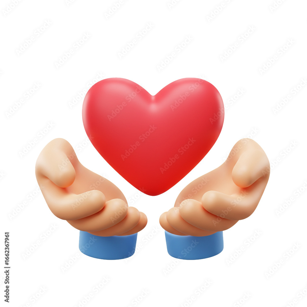 Fototapeta premium A vibrant illustration showcases a pair of hands cupping a bright red heart, symbolizing care, compassion, and the act of giving love to another individual.