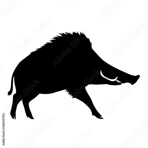 A solid black silhouette of a wild boar, facing right in side view. The boar has a sturdy, compact body with visible tusks suggested by the outline. The composition is minimal, with a plain white back