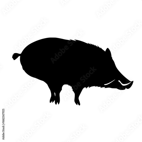 A solid black silhouette of a wild boar, facing right in side view. The boar has a sturdy, compact body with visible tusks suggested by the outline. The composition is minimal, with a plain white back